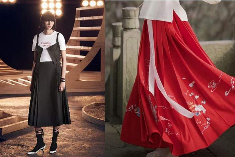 迪奥(Dior)2022年推出的一款黑色半身裙(左)被中国网民指抄袭了中国传统汉服马面裙(右)。(迪奥官网/互联网)