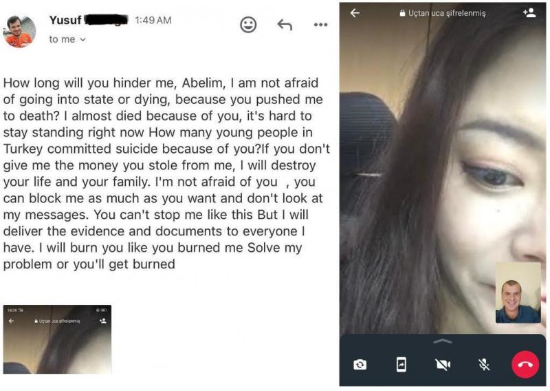 尤索夫通过谷歌找出林慧娴的联系方式后,多次联系对方,要她还钱。(受访者提供)