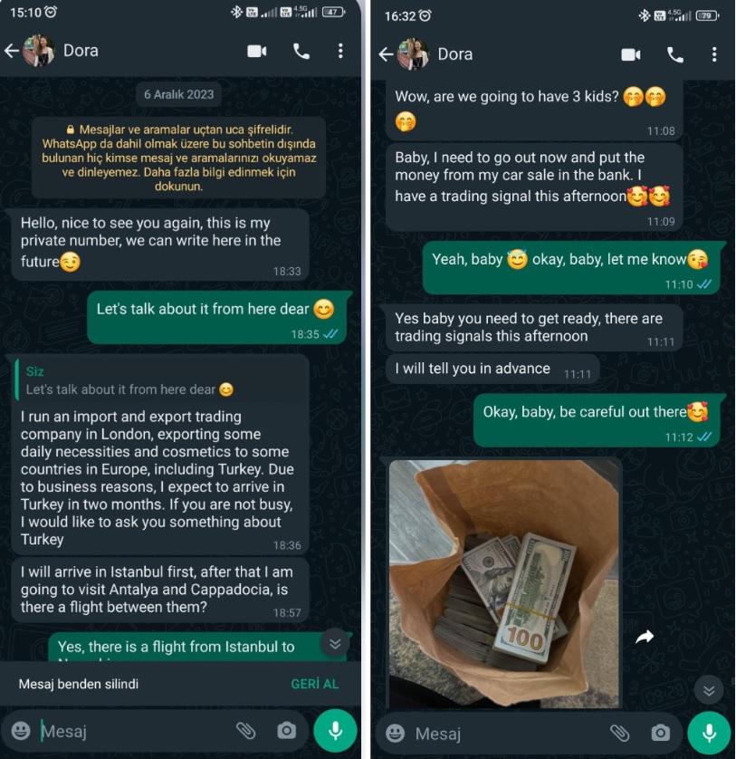 2023年12月6日,自称“Dora”的诈骗犯以误发短信的手法联系上塞尔坎,随后以“叔叔能内线交易”说服塞尔坎投资,他最终被骗8000美元。(受访者提供)