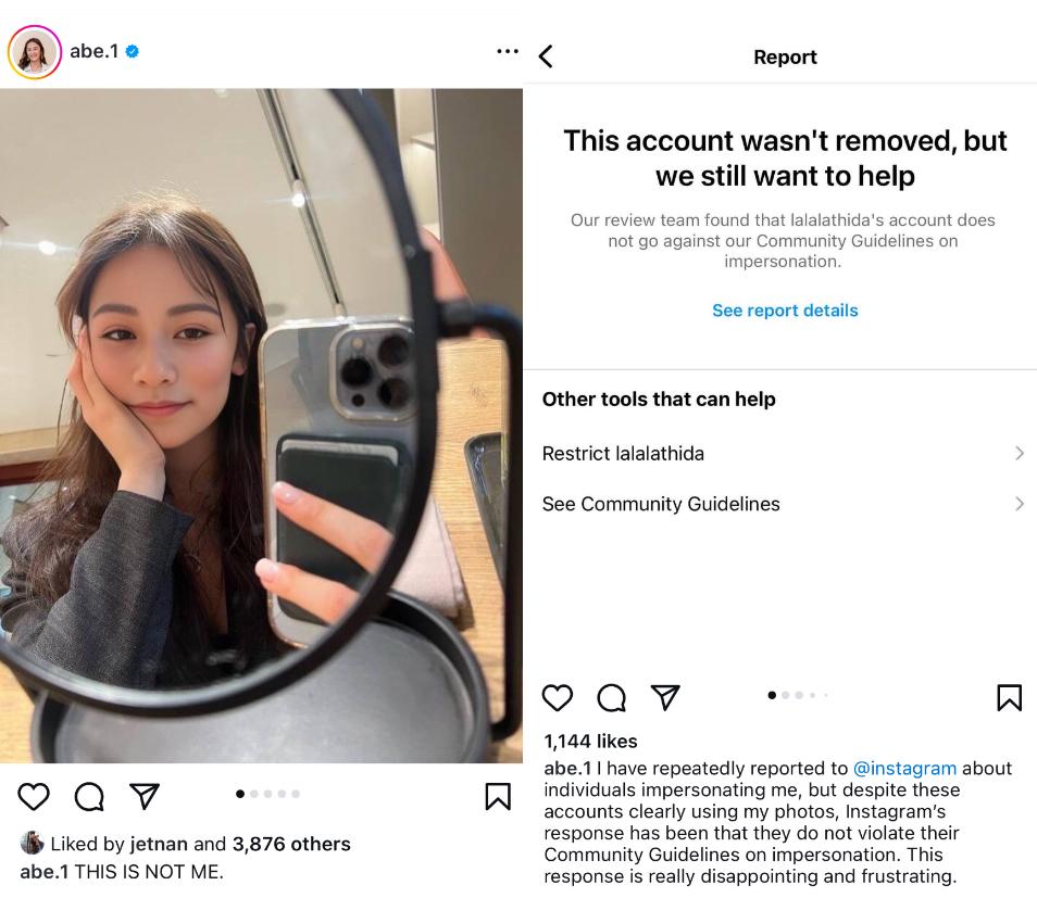 林慧娴称,曾多次向Instagram投诉身份被假账号盗用,但未得到重视。Instagram母公司Meta发言人告诉《联合早报》,平台已审查相关账号并采取了行动,但“不良行为者会不断改变策略逃避监测,这也意味着没有一种工具可以成为灵丹妙药”。(受访者提供)