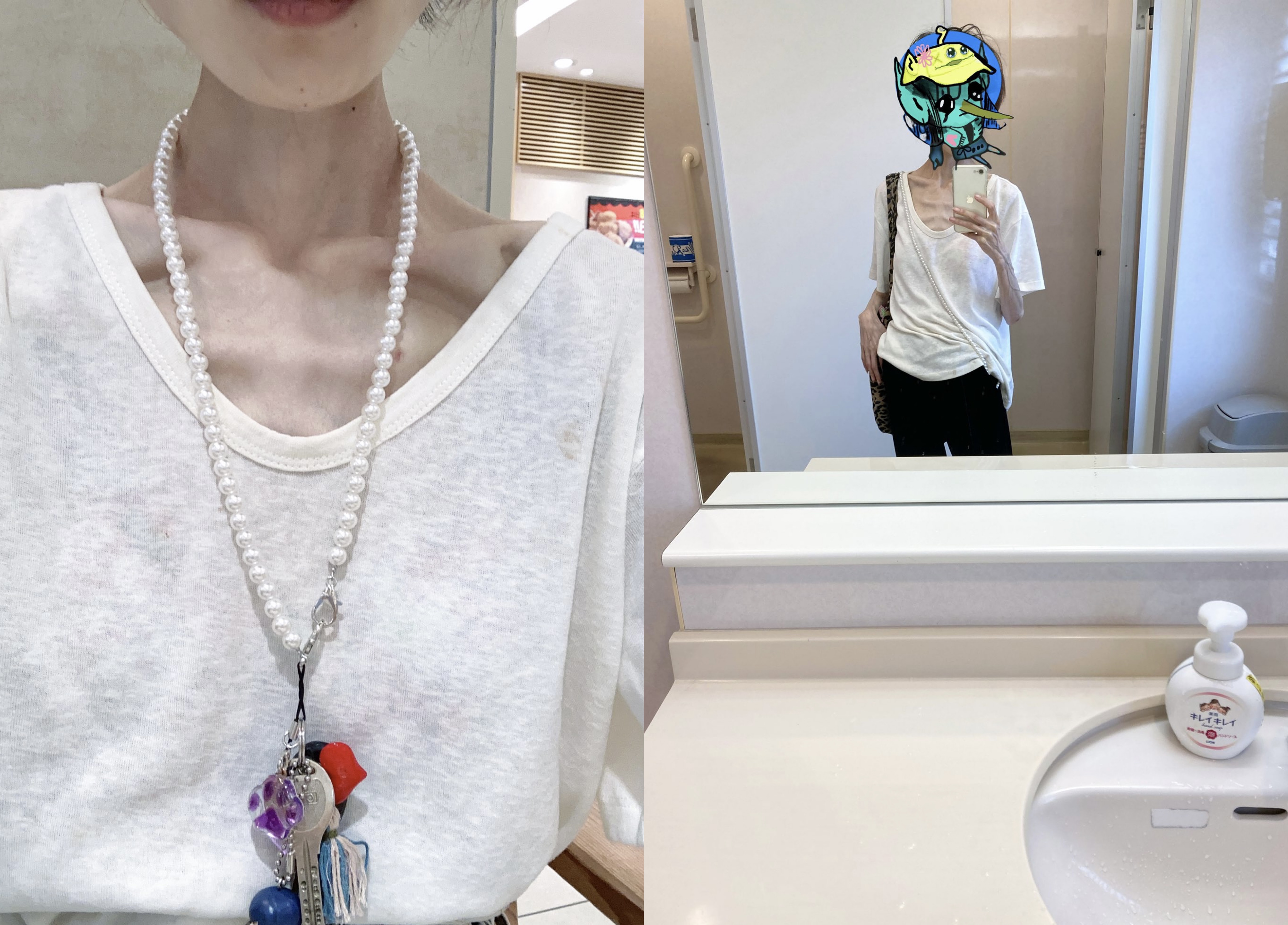 王懿的两张自拍照显示,她在今年6月时已经身材消瘦。她给左图配文:“没有香奈儿包包,夏天衣服没有口袋,重新像小时候一样把钥匙挂脖子上了。”(取自王懿社交媒体X)