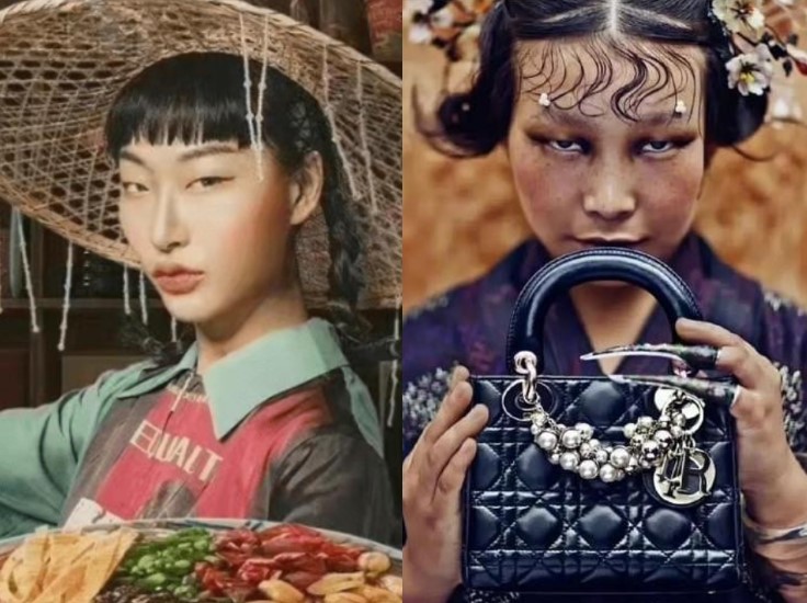 法国奢侈品牌迪奥(右)和中国网红零食品牌“三只松鼠”2021年都曾因在广告或展览中使用眯眯眼的形象,陷入“辱华”风波。(互联网)