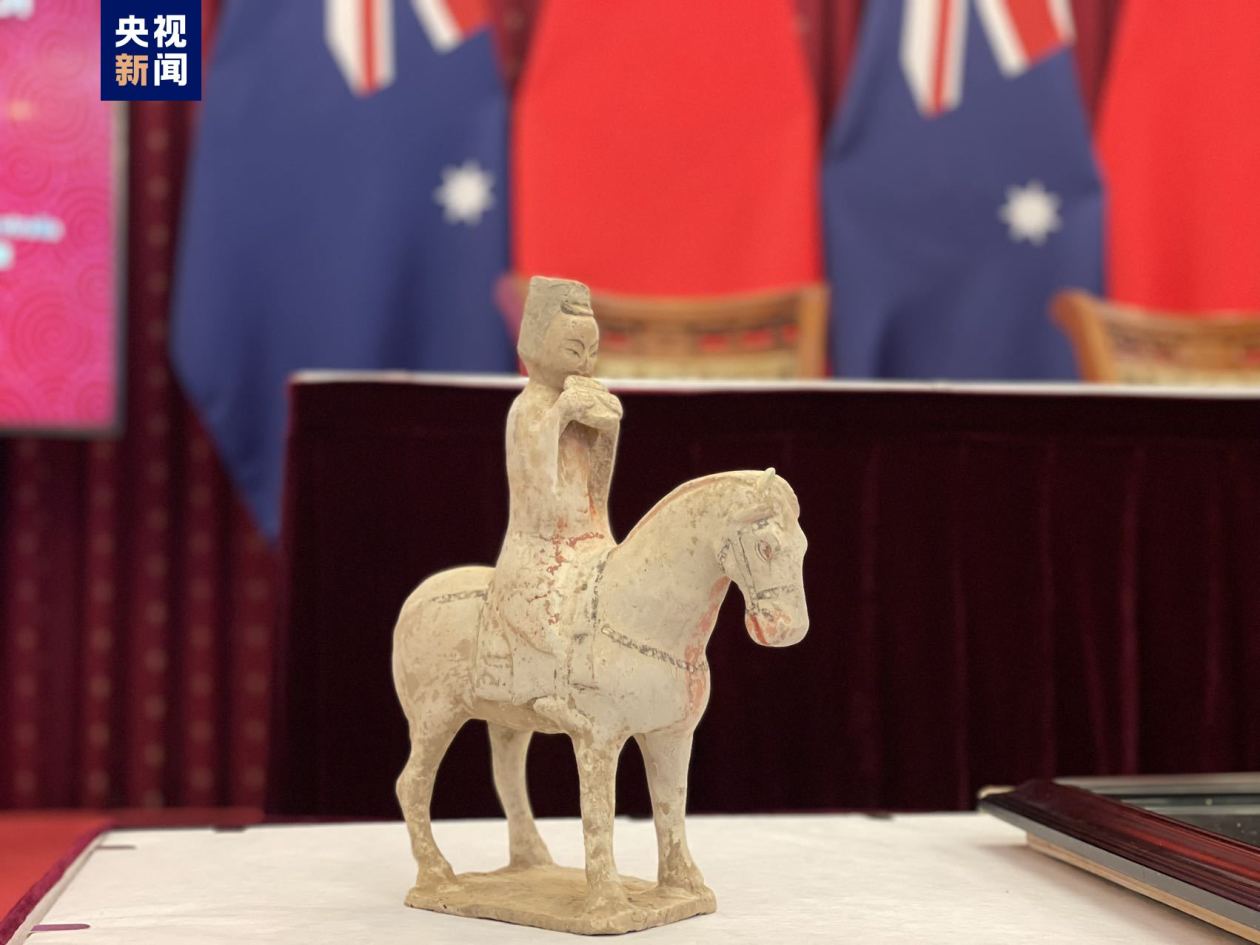 澳大利亚美术馆向中国返还的文物骑马俑。(央视新闻)