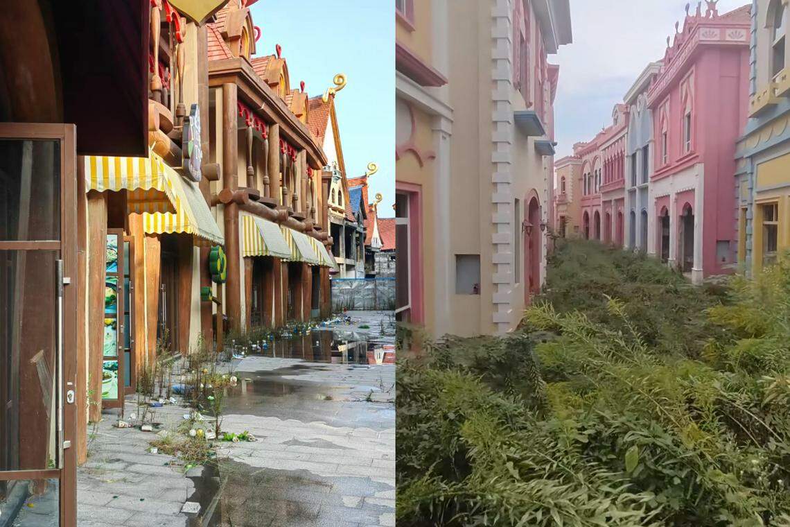 网民上传的无人看管的恒大童世界项目,左边是江苏镇江句容的童世界,右边是湖北鄂州的童世界。(互联网)