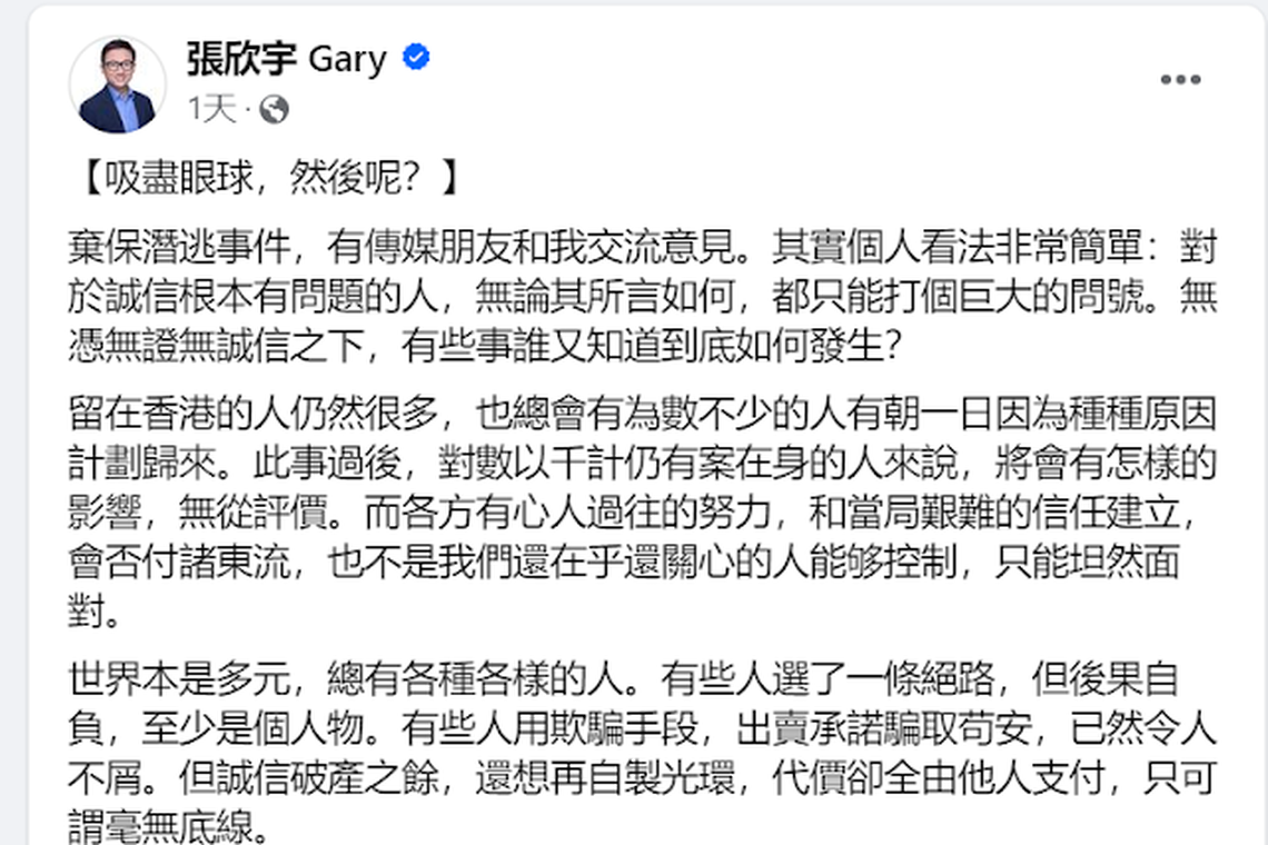 香港立法会议员张欣宇星期一(12月4日)在脸书发布题为《吸尽眼球,然后呢?》的贴文。(张欣宇脸书)