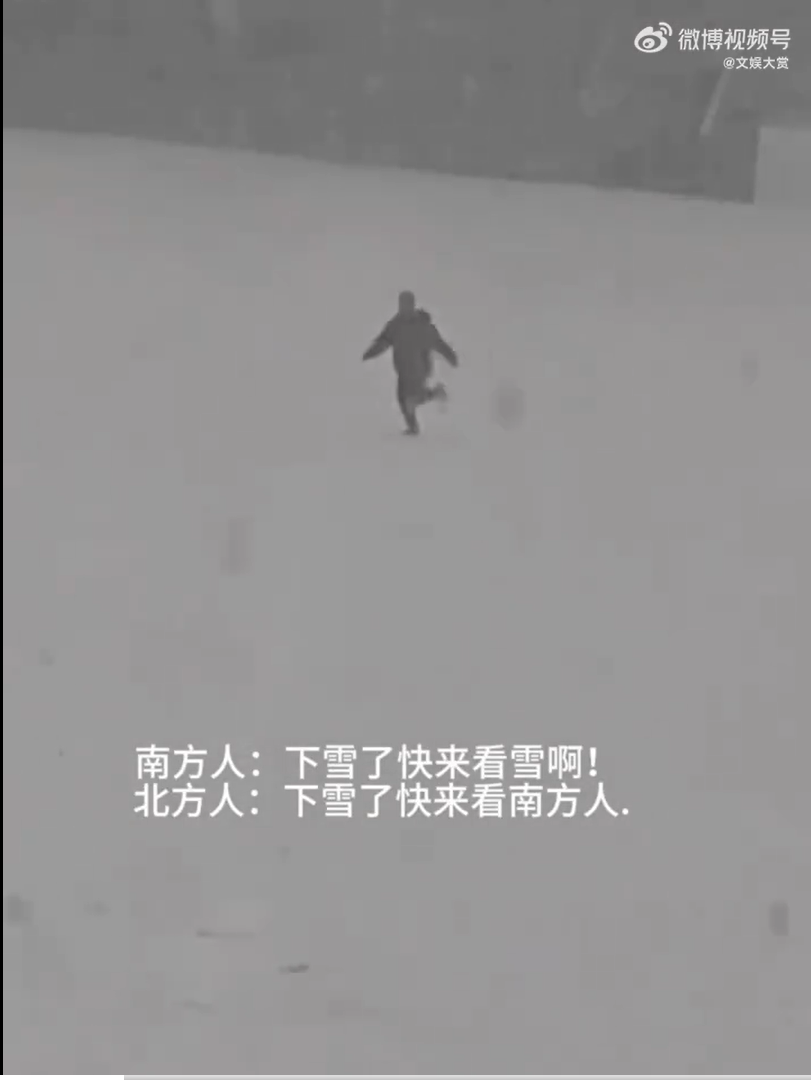 一名网民星期一(12月11日)上传视频,称他来自南方省份的舍友第一次见到雪,就如“孙悟空刚出五指山一样”。(微博视频截屏)