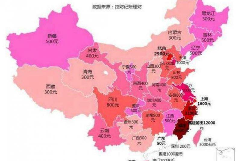 中国互联网流传的全国红包地图。(互联网)