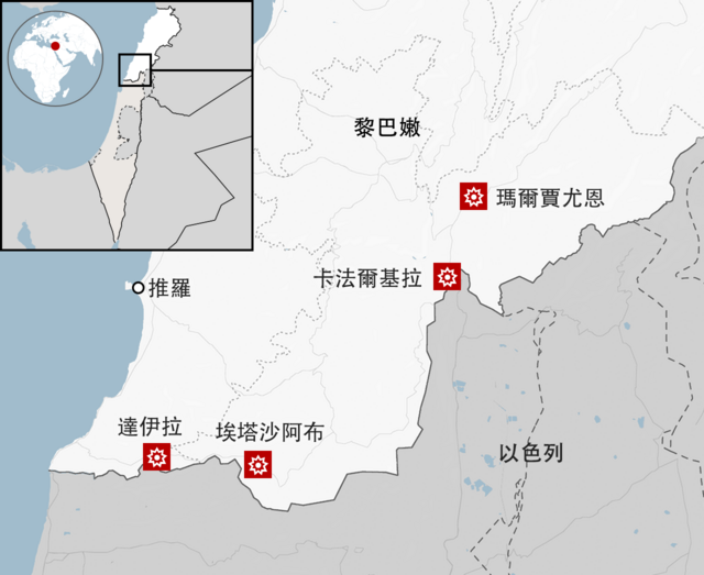 A map locating the 记者 has independently verified the repeated use of white phosphorus munitions by the IDF in four towns and villages between October 2023 to March 2024