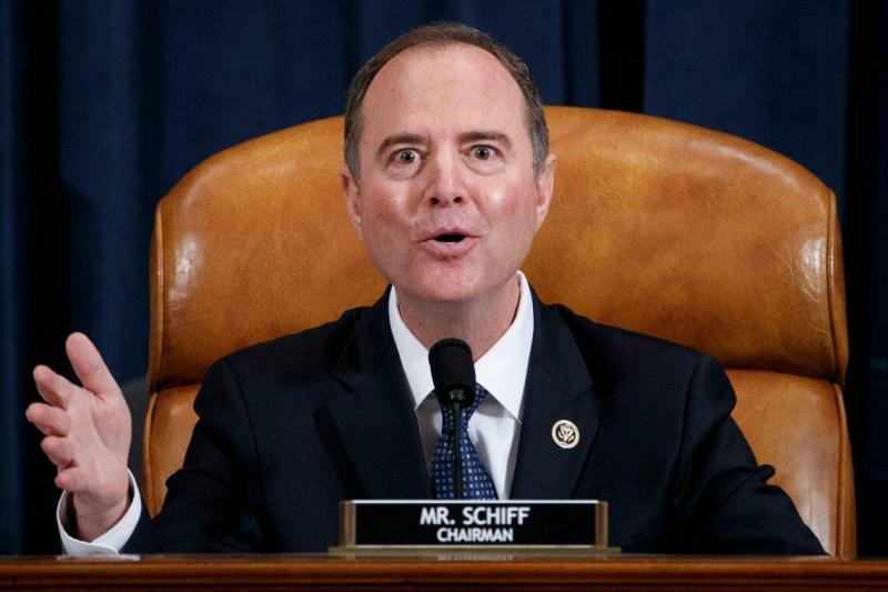 2019年11月19日,时任众议院情报委员会主席亚当·希夫在委员会,就特朗普弹劾调查举行的公开听证会上发表总结词。(法新社)