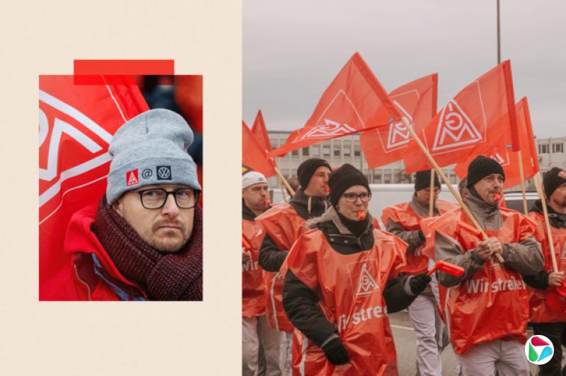 两张图:左图是一个人,右图显示人们挥舞着工会旗