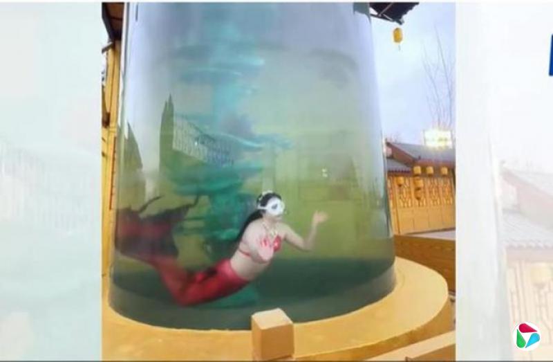 辽宁一景区“美人鱼”在泛绿水缸中表演