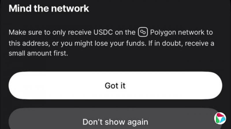 Revolut 向客户提供的警告截图,确保他们使用“Polygon”网路存入USDC。