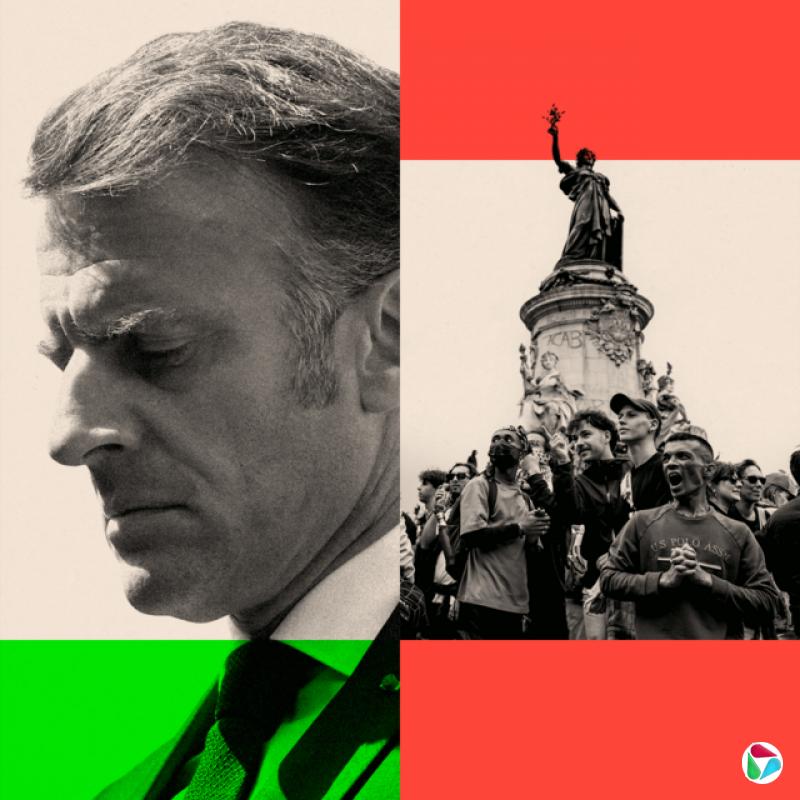 两张经过编辑的照片显示马克龙和在共和国广场参加示威活动的人们。